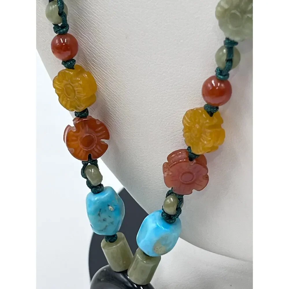 Jadeite Butterfly Carnelian Turquoise Beaded Hand Knotted‎ Green Cord Necklace